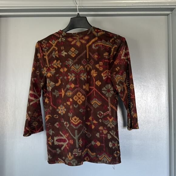 Chaps Women's Pullover Top Brown Aztec V-Neck Ruffles 3/4 Sleeves Mesh sz L - Picture 2 of 5